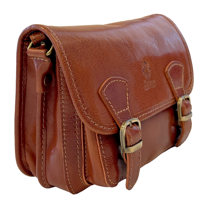 Borsa a Tracolla in Pelle da Donna, Tracolla Vintage con Doppia Fibbia e Chiusura Magnetica