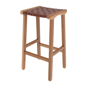 Tabouret pour îlot central 68 cm en teck et cuir tressé marron - Kuna