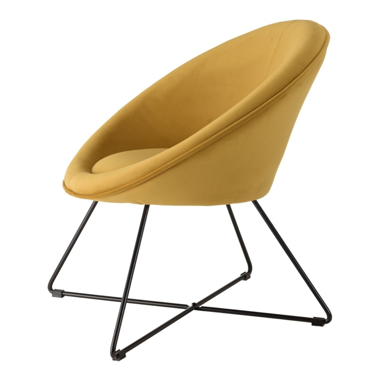 AGATHE - Fauteuil tissu velours jaune moutarde pieds croisés métal noir