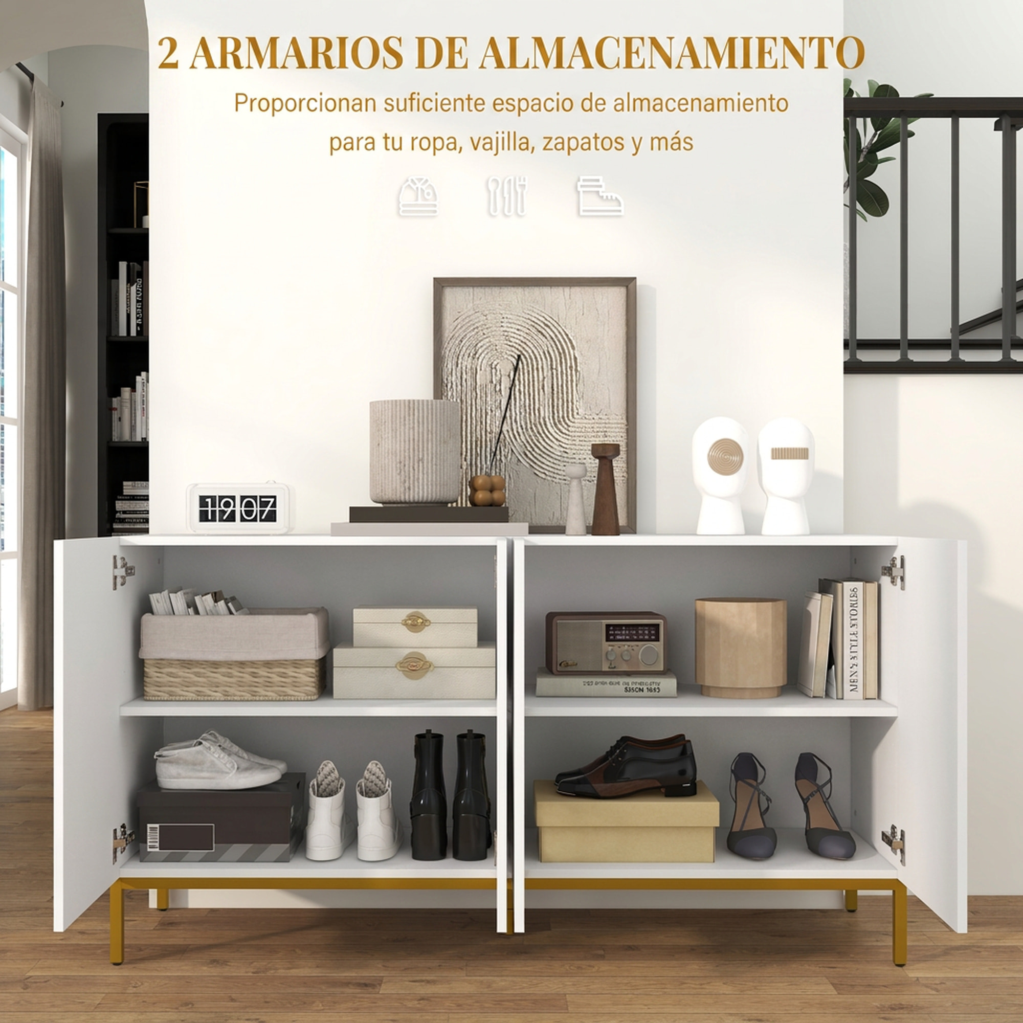 Aparador de 4 Puertas, Aparador de Salón Estrecho con Estantes Ajustables, Armario de Cocina con Cierre Suave y Patas Doradas, para Entrada, Dormitorio, 140x40x75 cm, Blanco