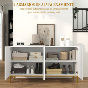 Aparador de 4 Puertas, Aparador de Salón Estrecho con Estantes Ajustables, Armario de Cocina con Cierre Suave y Patas Doradas, para Entrada, Dormitorio, 140x40x75 cm, Blanco