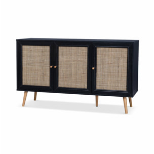 Buffet de rangement en cannage. noir 120x39x70cm  - Bohème - 2 niveaux. 3 portes. pieds scandinaves. buffet bas