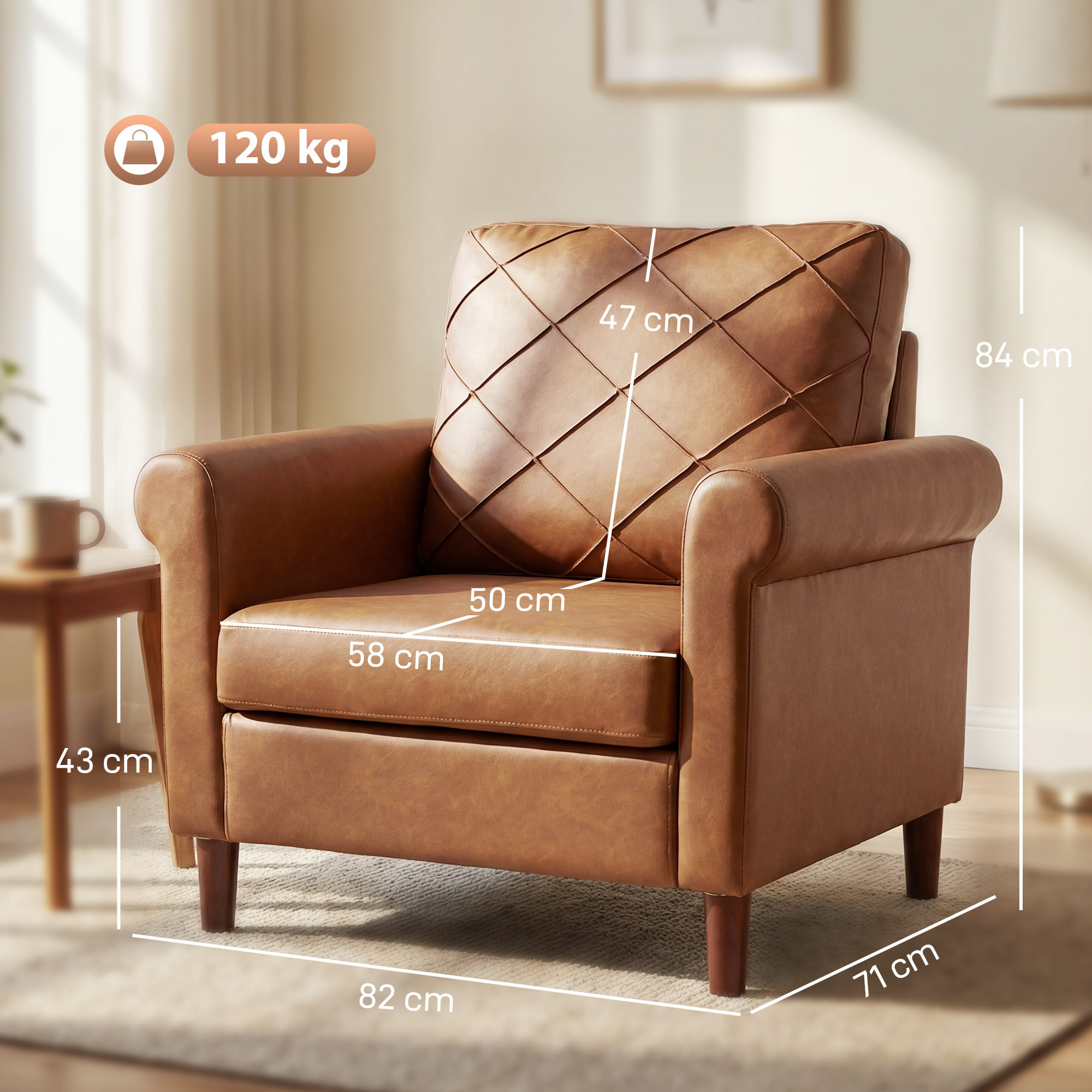 Sillón Relax, Sofá Individual, Tapizado en PU, Cojín Grueso, Respaldo con Costuras, Asiento Amplio, Patas de Madera Maciza para Salón, Dormitorio y Oficina, 82x71x84 cm, Marrón