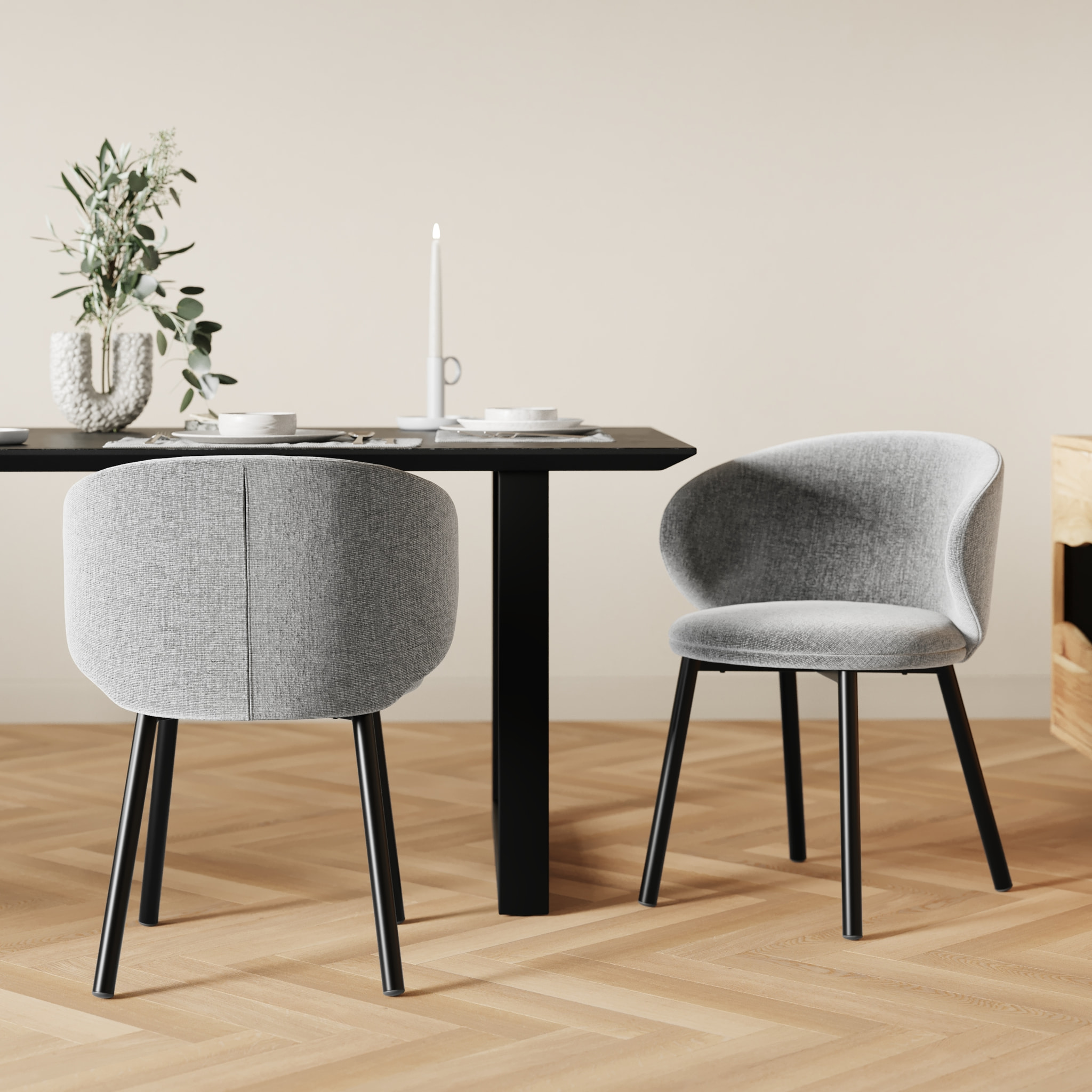 Lot de 2 chaises en tissu gris foncé chiné et pieds noirs - Cécilia