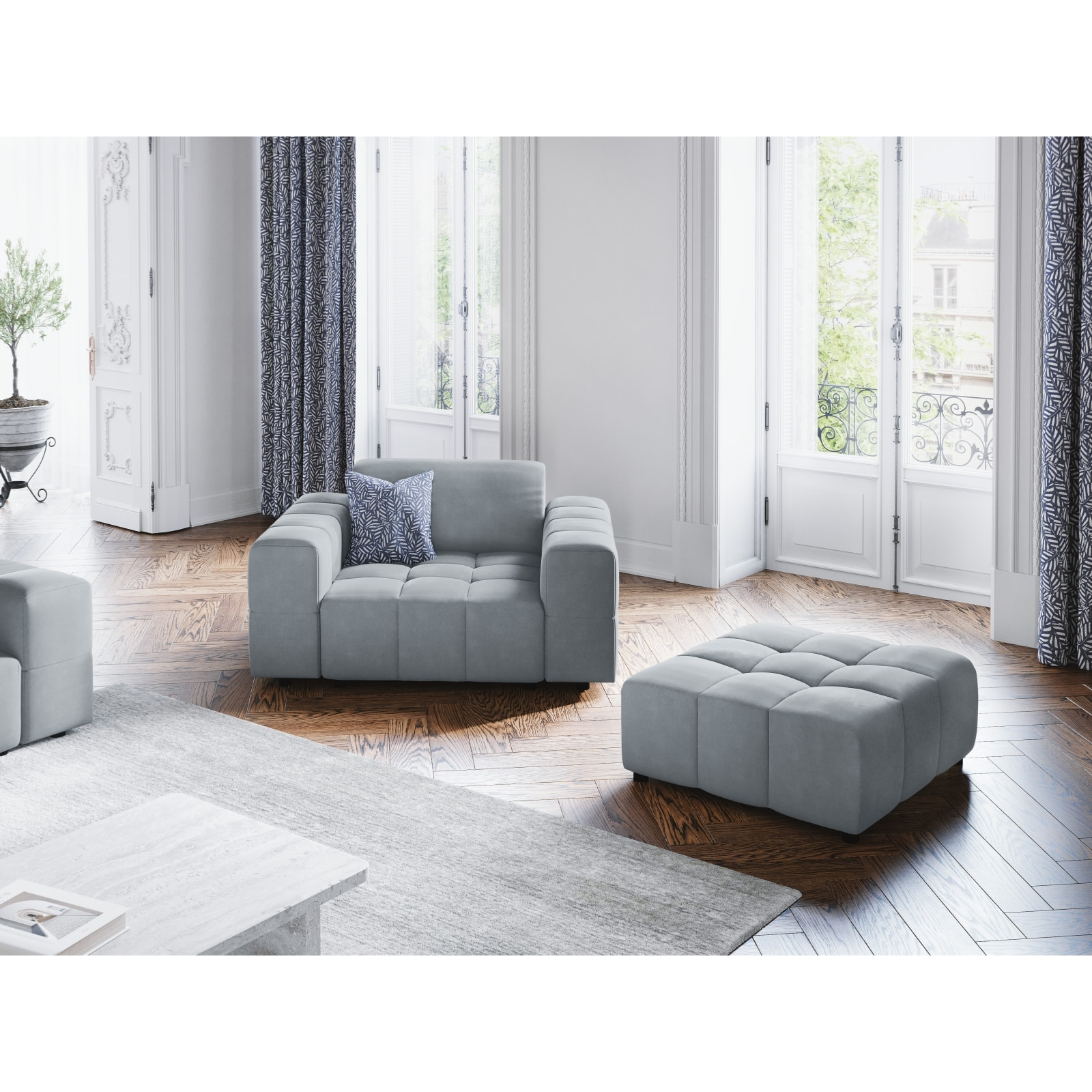 Pouf "Luc" en velours bleu clair