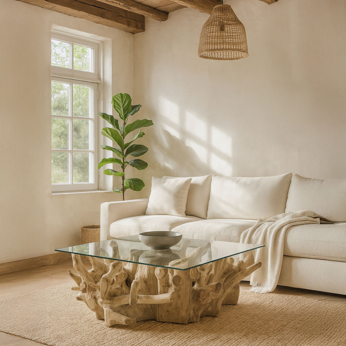 Table basse en racine de teck et plateau en verre 105cm