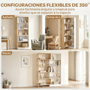 Estantería Expandible 5 Niveles, Librería para Libros Giratoria 350°, Ancho Ajustable, Convertible en en L, Recta o Compacta para Salón, Dormitorio, Estudio 111,5x23,8x163,7 cm Natural y Blanco
