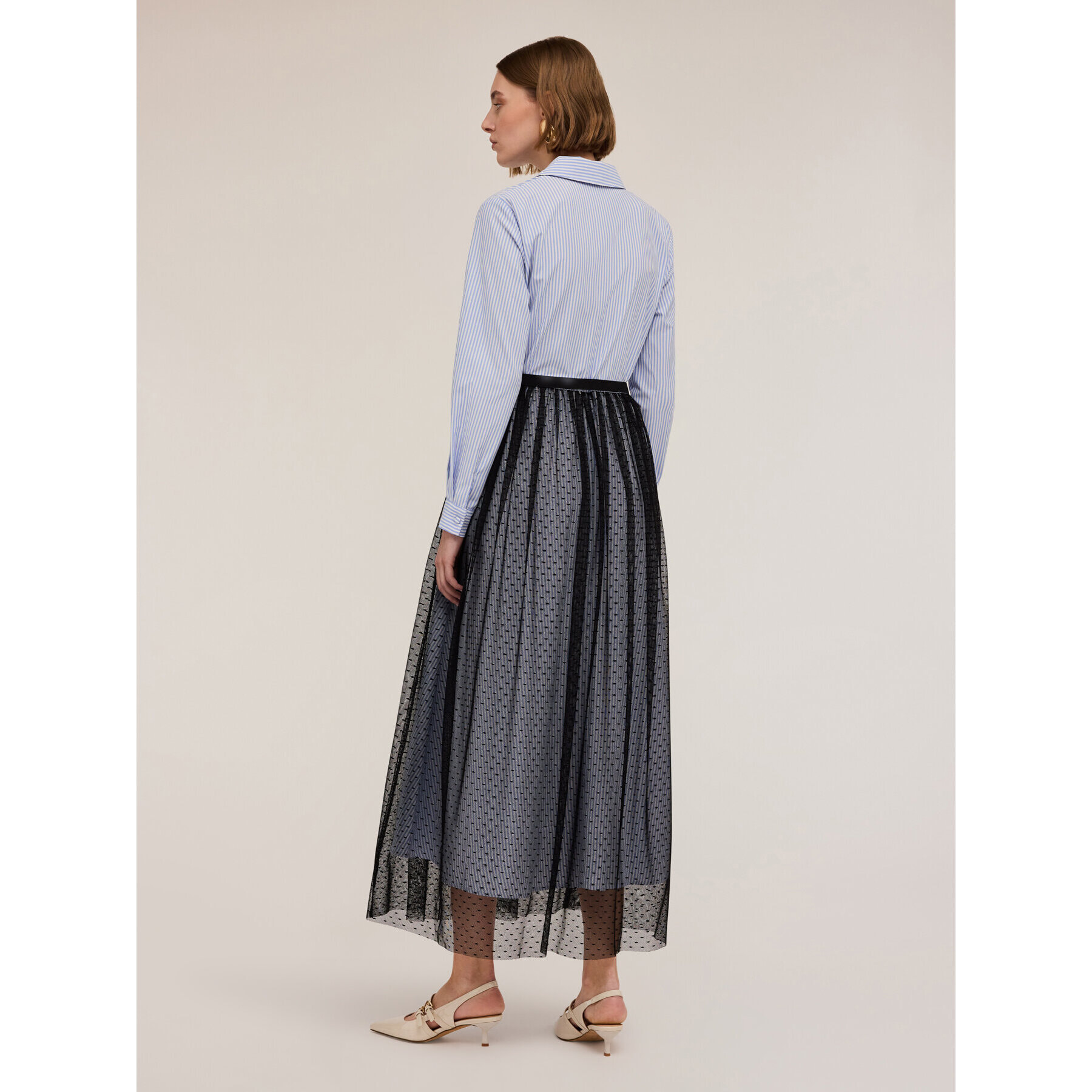 Motivi - Vestido camisero con falda de tul plumeti - Light - blue