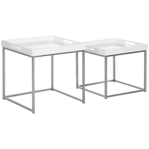 Lot de 2 tables basses carrées gigognes style contemporain - plateau 2 poignées MDF blanc laqué châssis piètement acier chromé