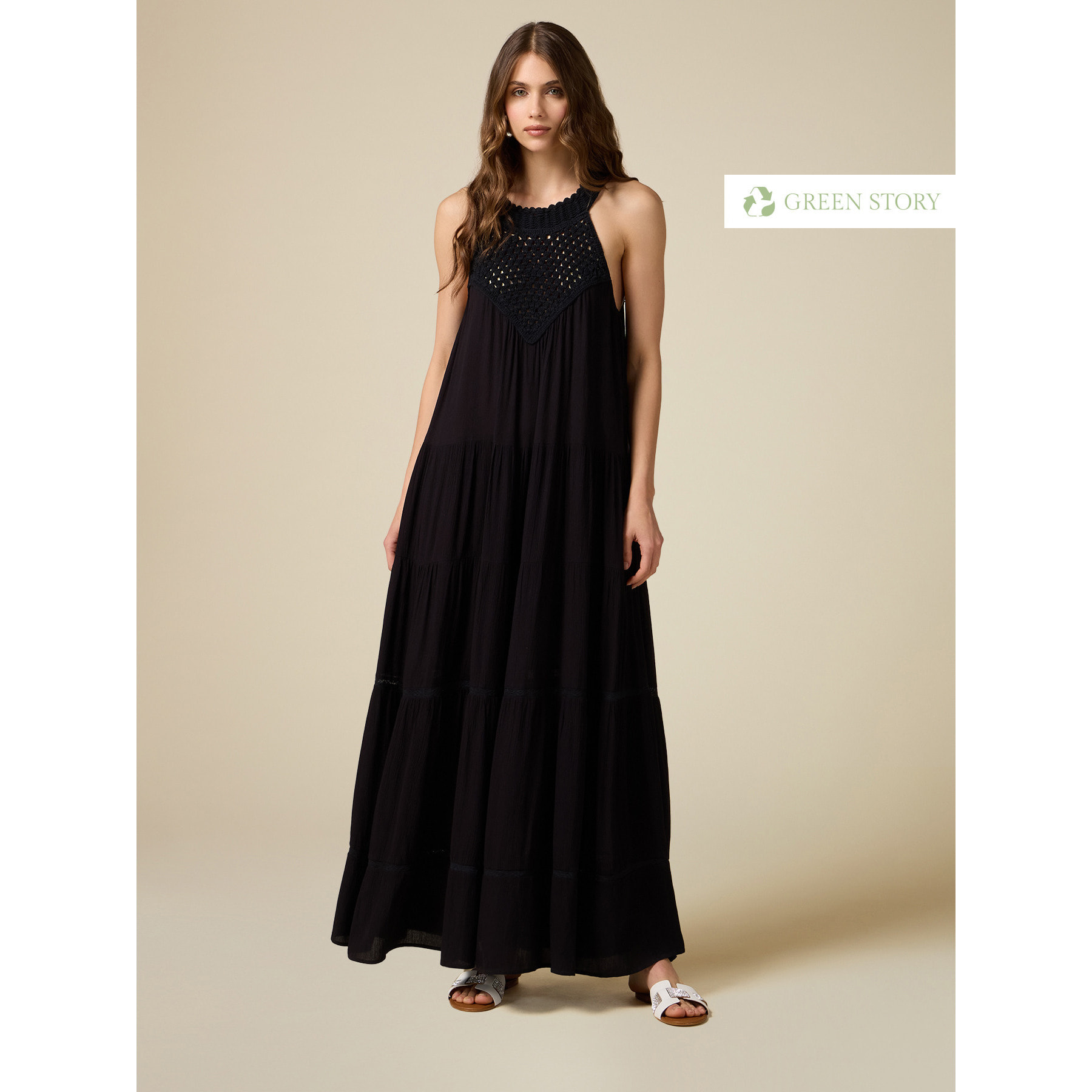 Oltre - Long dress with crochet part - Negro