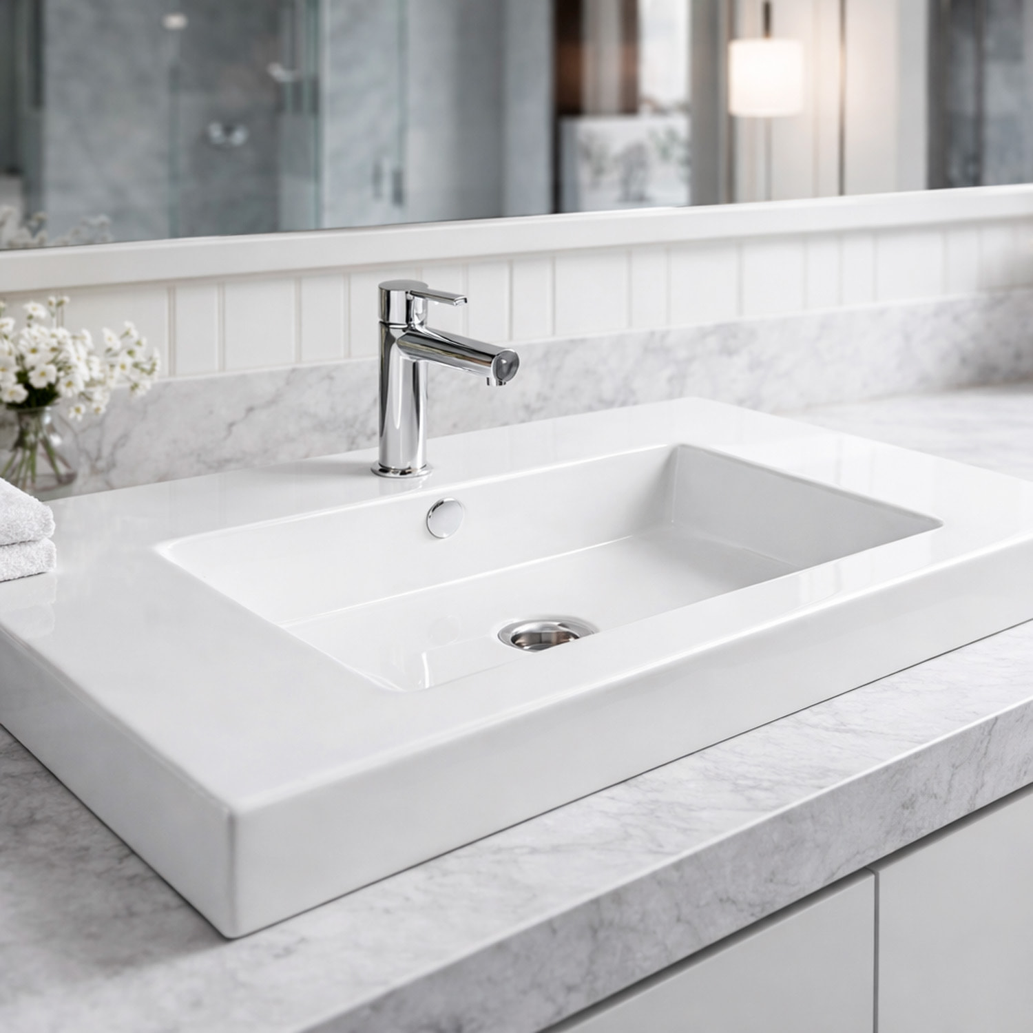 Lavabo Da Incasso Rettangolare Lavandino Bagno In Ceramica Design Moderno Elegante Per Top Bagno 101 x 36 cm Bianco