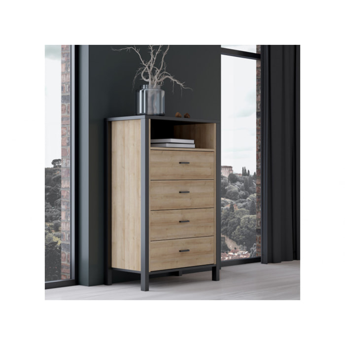 Chiffonnier 4 tiroirs 1 niche en bois effet chêne - MIAMI