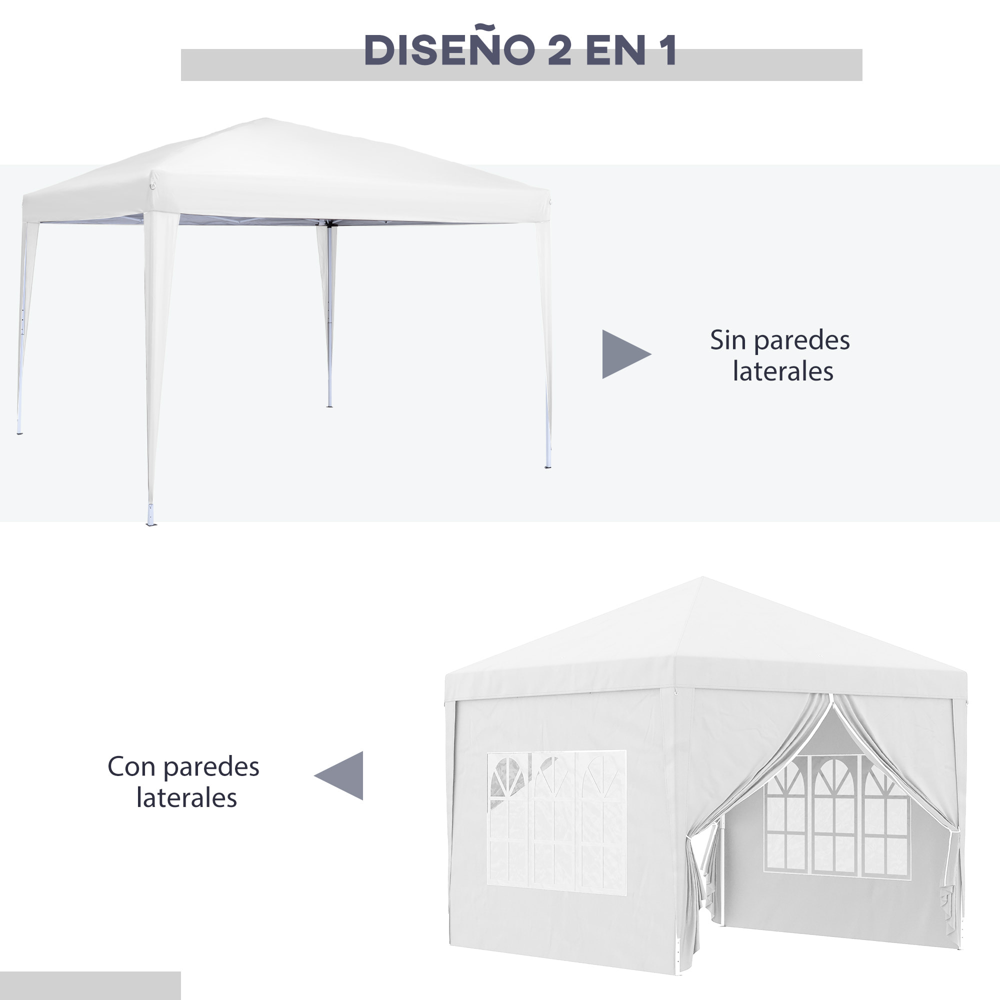 Conjunto de Carpa Incluye 1 Carpa Plegable 3x3 m Impermeable con 4 Paredes Desmontables y 2 Paredes Laterales 3x2 m para Carpa 3x3 m o 3x6 m Blanco