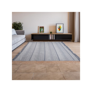 Tapis en coton brodé lignes et chevrons gris clair avec franges - MINA