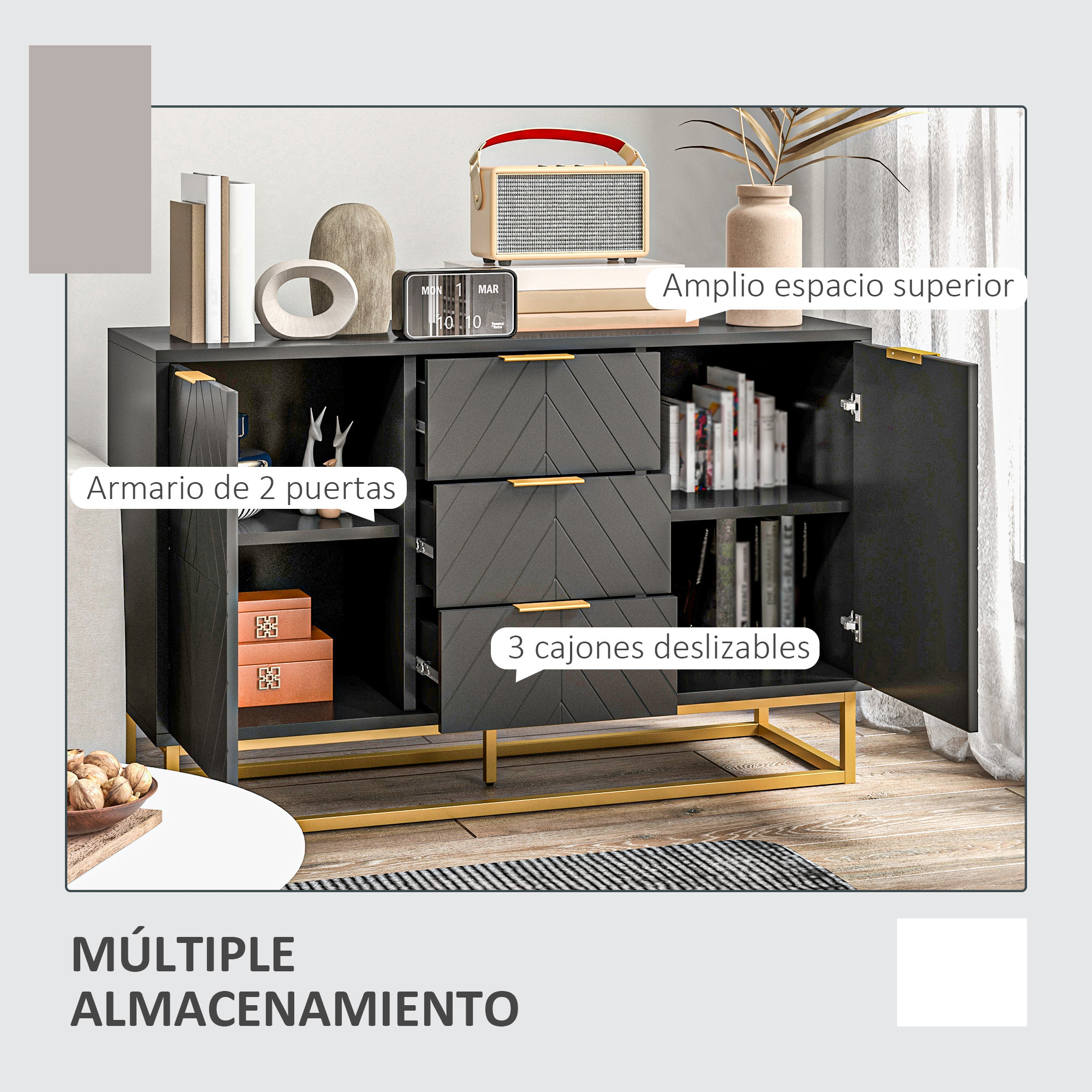 Aparador Moderno Aparador para Salón con 3 Cajones 2 Puertas y Estante Ajustable Mueble Auxiliar para Salón Antivuelco 120x40x76 cm Negro