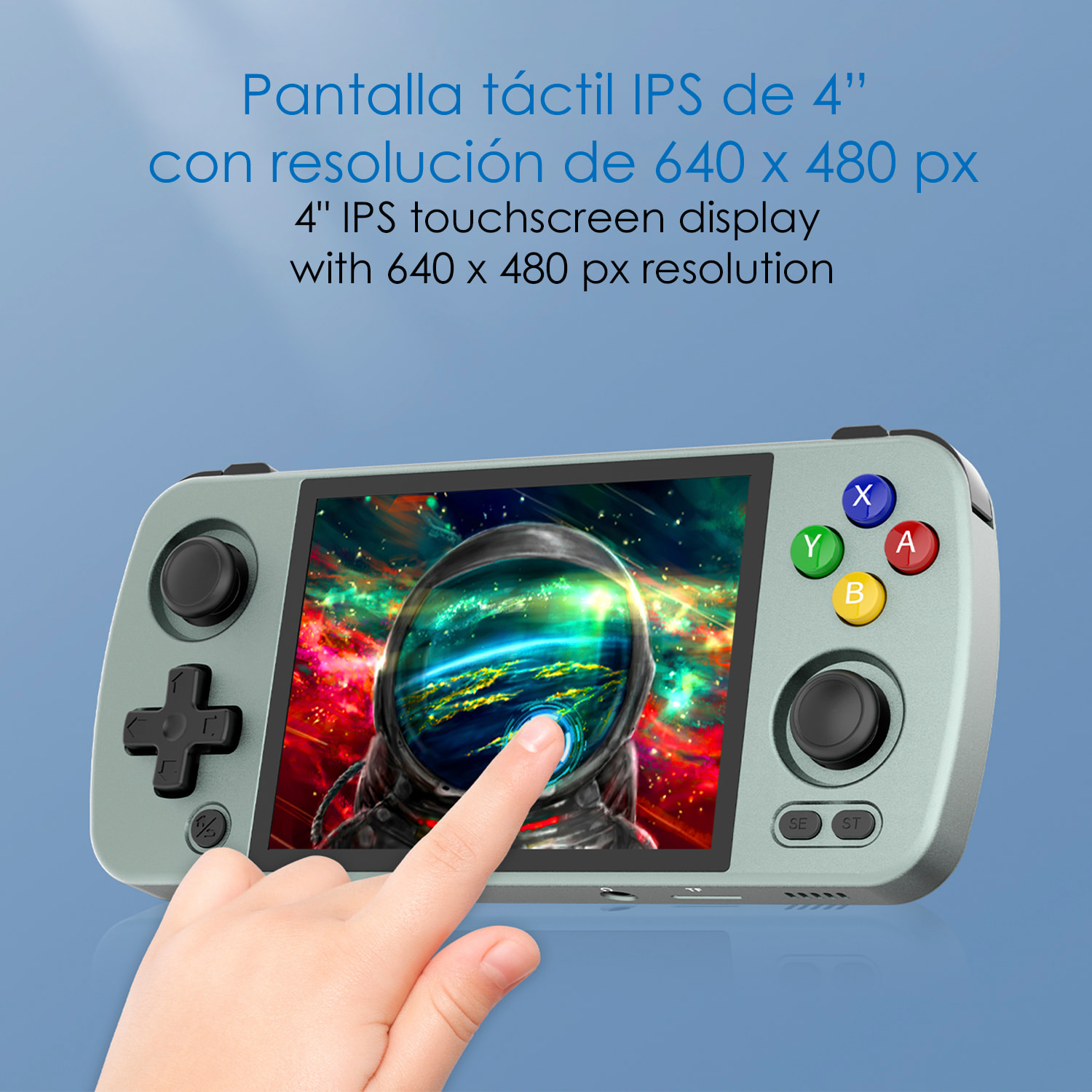 DAM Consola emulador multiplataforma RG405M. Pantalla táctil 4" IPS; Android 12, Octa-Core 2,0GHz, WiFi, 128GB. +3000 juegos. 16,3x7,6x1,6 Cm. Color: Verde Claro