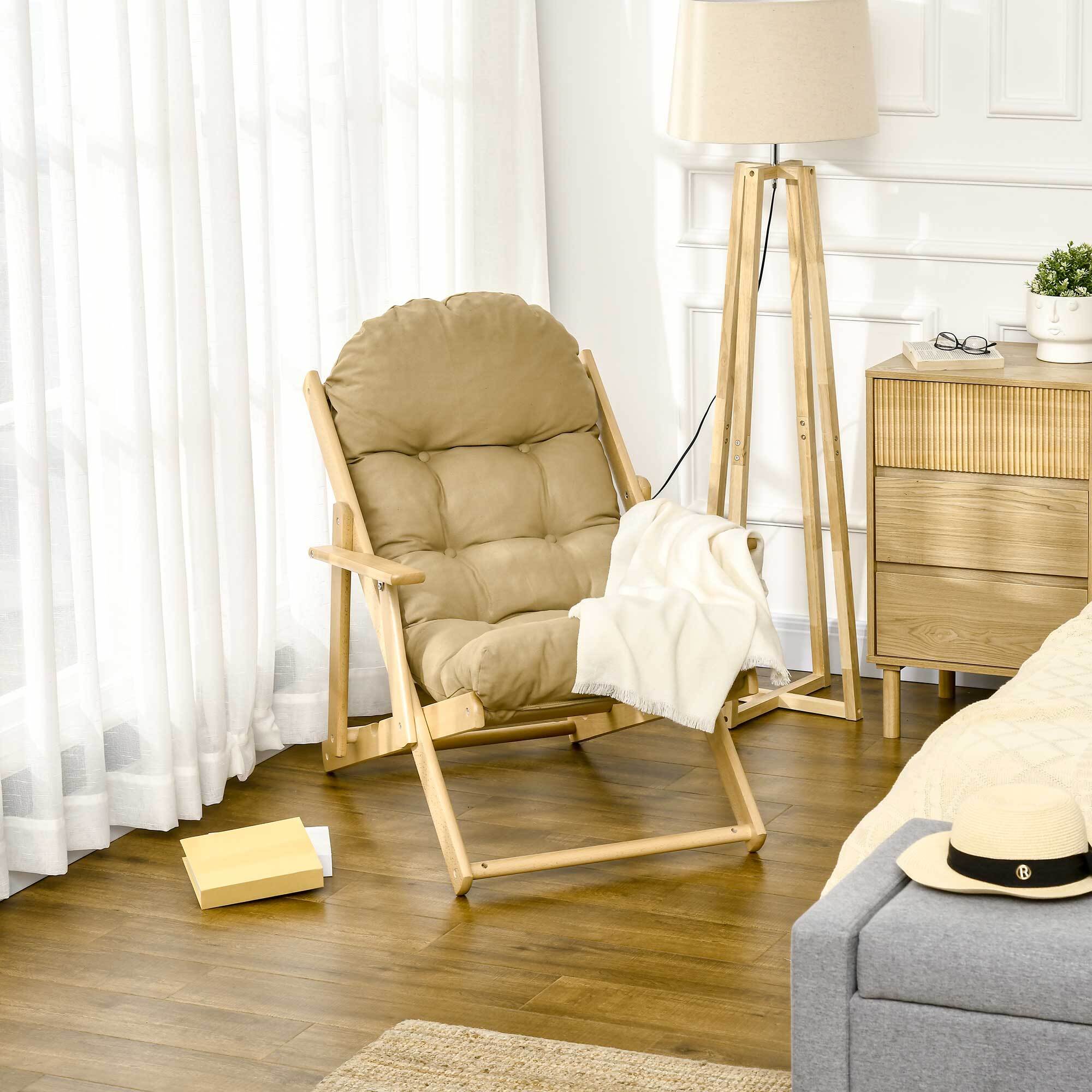 Fauteuil chaise pliable et inclinable en bois grand confort avec coussin capitonné épais - dim. 71I x 89P x 96H cm - beige