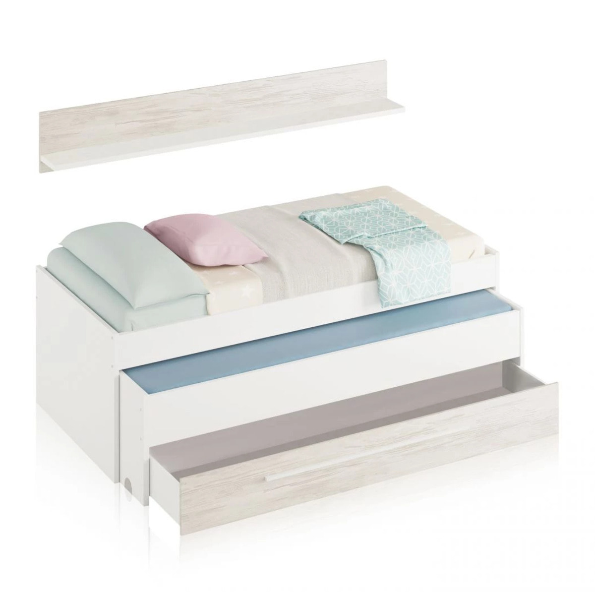 Cama doble juvenil con estante Elliot Blanco Artik (Blanco Mate) – Blanco Velho
