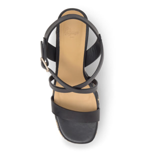 Sandalia Felisa tacón forrado en napa con hebilla y plataforma en rafia