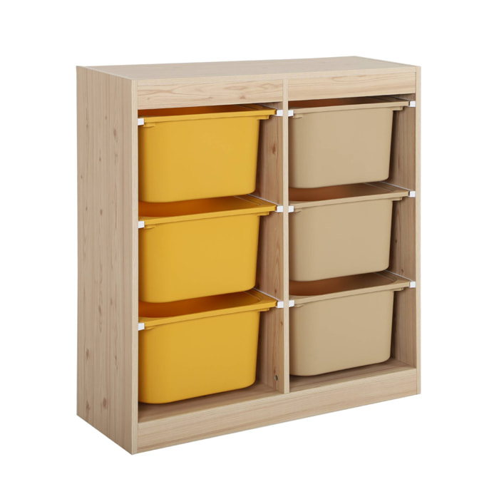 Meuble de rangement enfant 6 bacs de rangement en plastique moutarde taupe - Sora