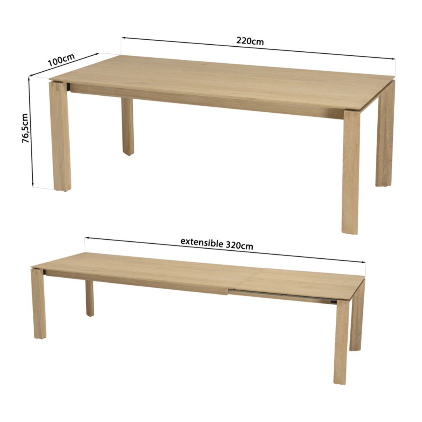 MAXENCE - Table à manger rectangulaire extensible 220/320cm bois chêne