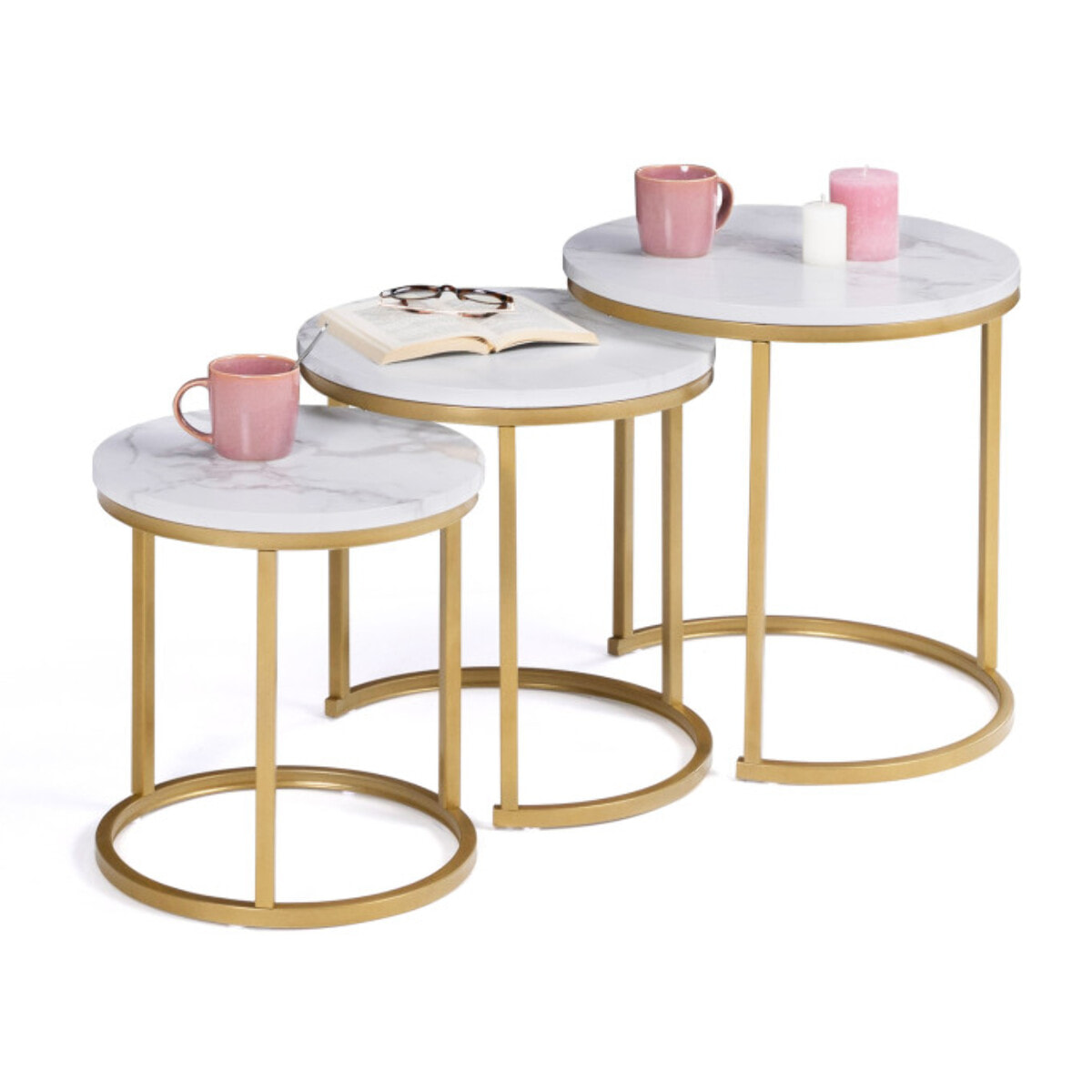 Tables basses gigognes Glam effet marbre blanc pieds dorés - lot de 3