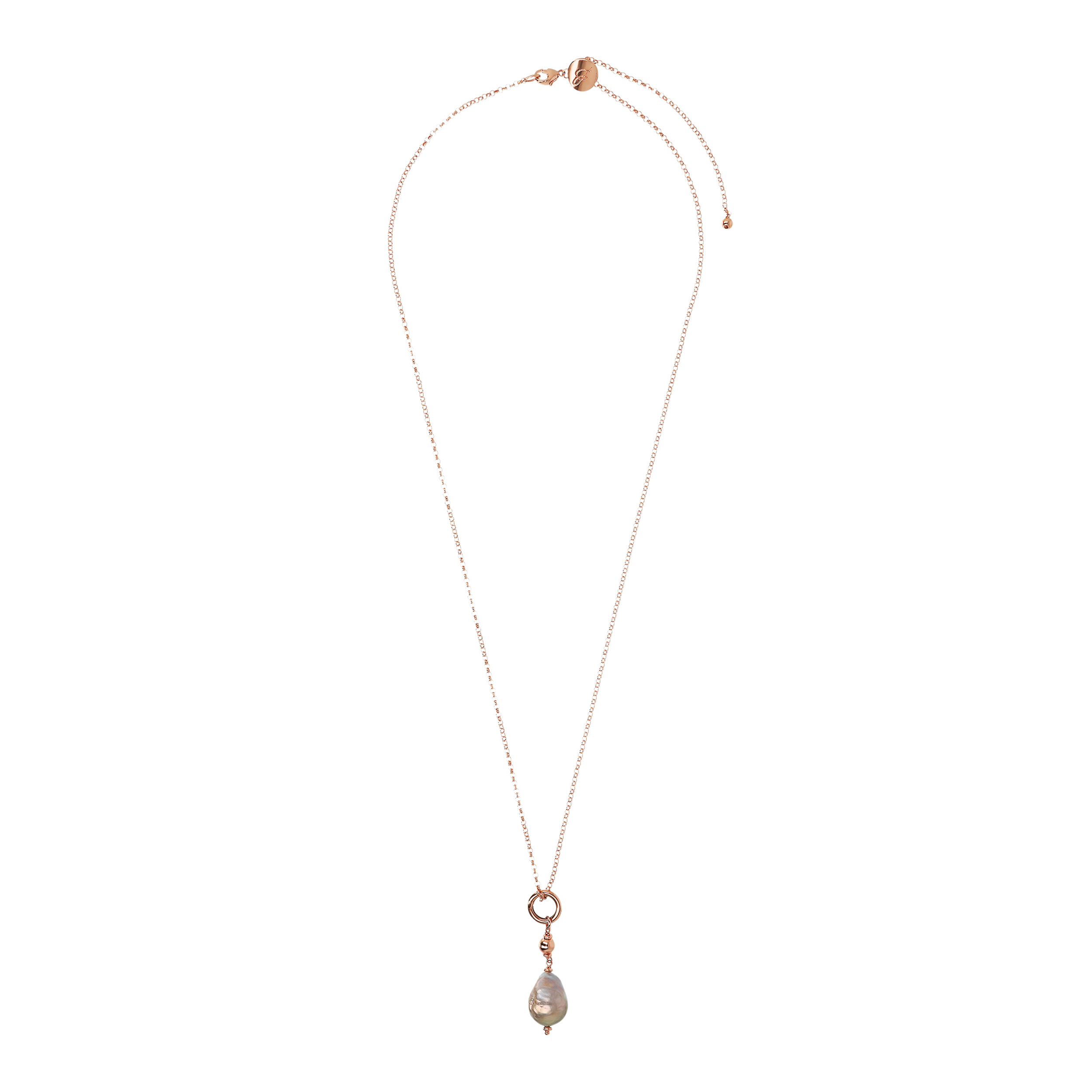 Collana Lunga Catena Rolo e Pendente con Sfera Lucida e Perla Multicolor d'Acqua Dolce