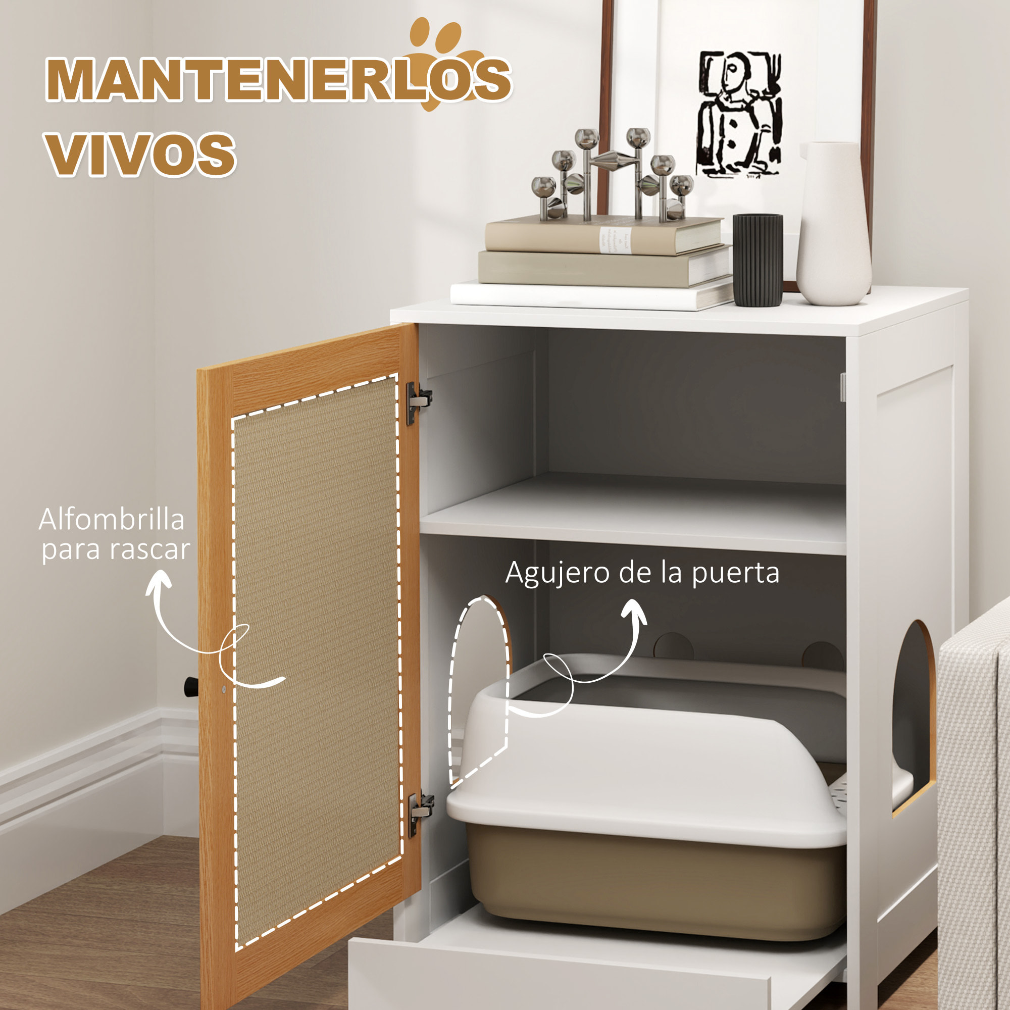 Arenero para Gatos Mueble Arenero para Gatos con Bandeja Extraíble Compartimentos Ruedas y Tapete para Rascar Caja de Arena para Gatos para Interior 57x50x80,5 cm Blanco y Roble