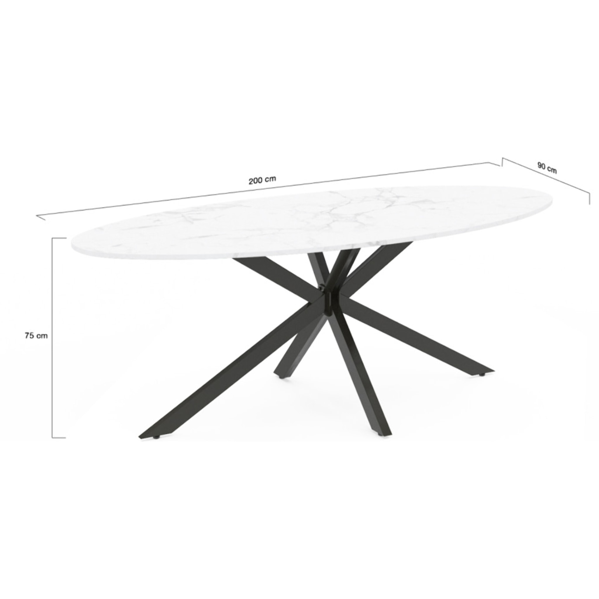 Table à manger ovale Céleste effet marbre blanc et noir 200cm