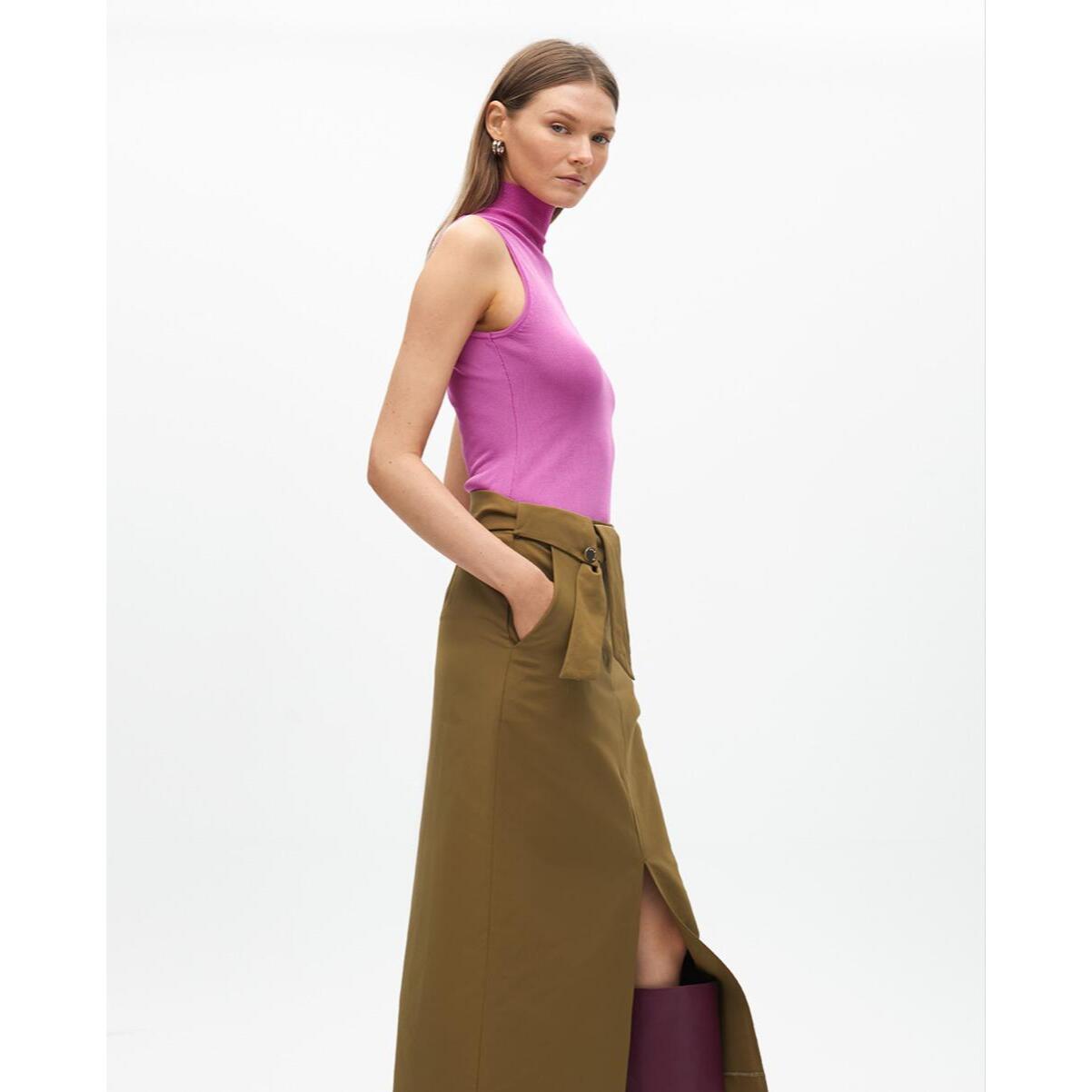 Gonna Midi con Cintura a Fiocco e Dettagli di Bottoni