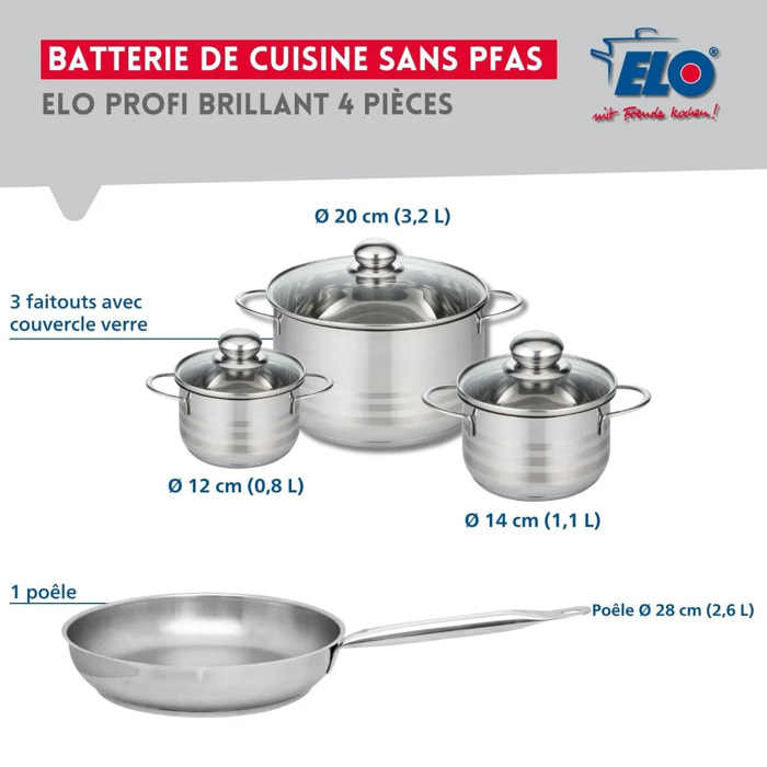 Ensemble de 1 Poêle de cuisson 28 cm et 3 faitouts 12, 14 et 20 cm Elo Profi Brillant
