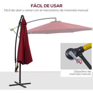 Parasol Excéntrico Ø 295 cm Sombrilla de Jardín con Ángulo Ajustable Base Cruzada y Manivela Sombrilla para Terraza Patio Granate