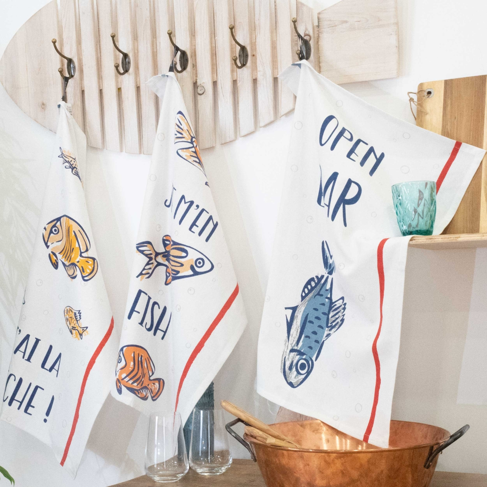 Lot de 3 torchons message poissons en coton - Ecru