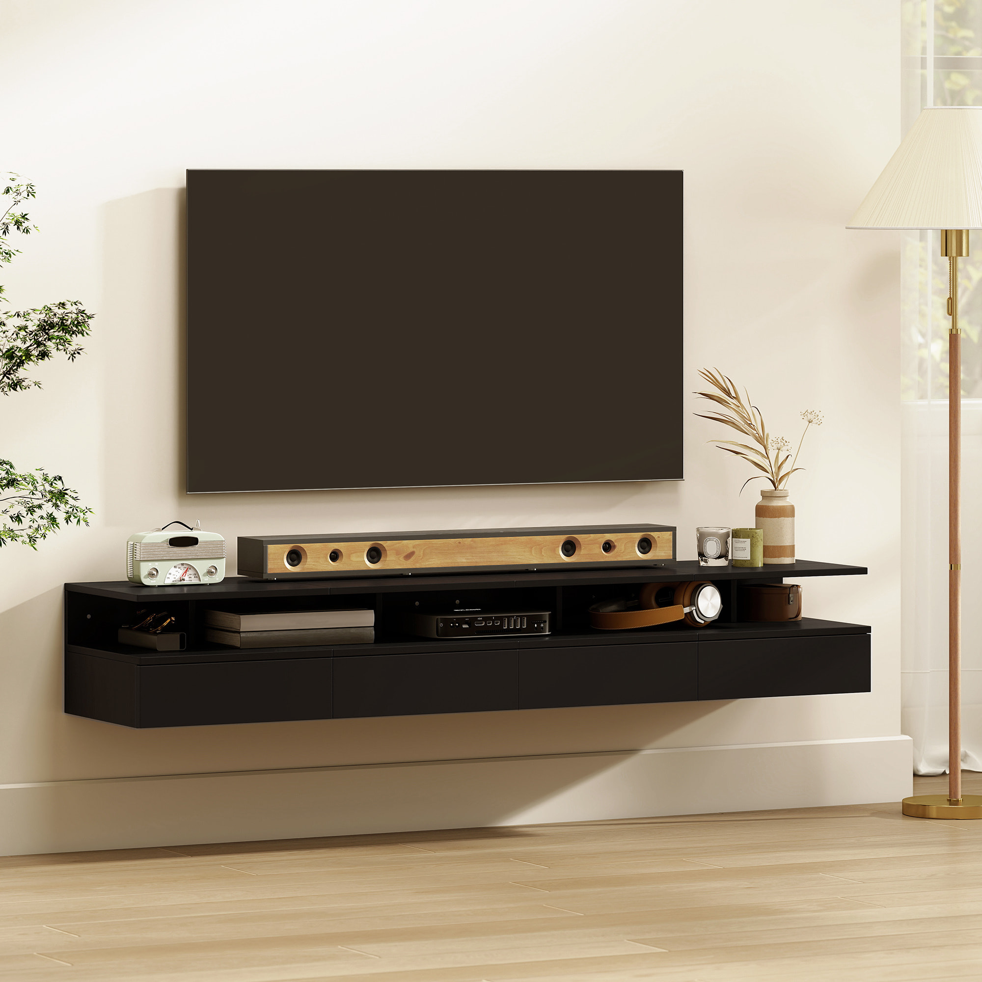 Juego de 2 Mesitas de Noche Flotantes con Cajón, Mesillas de Noche Dormitorio, Montado en la Pared, Estilo Moderno, para Sala de Estar, 35x32x22,5 cm, Negro