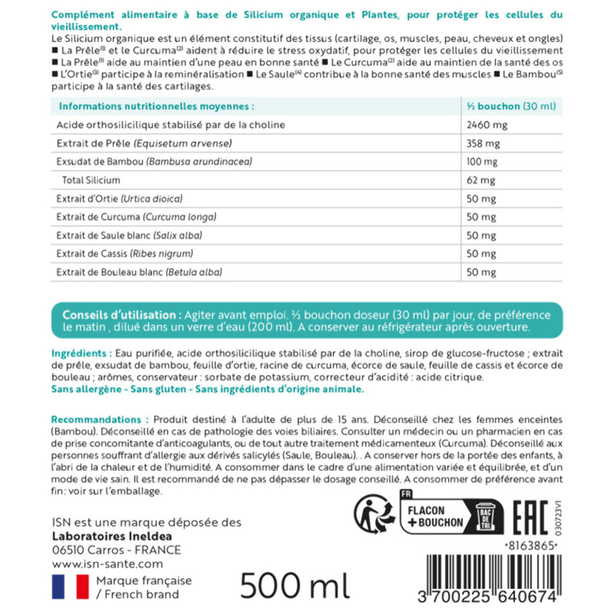ISN - Silibiol Buvable - Complément alimentaire à base de Silicium organique et plantes - Protection cellulaire & anti-âge - Flacon 500 ml - Goût Framboise - Lot de 3 produits