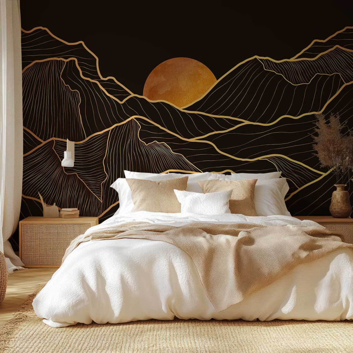Papier peint panoramique montagnes dorées fond noir luxe Intissé