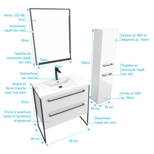 Meuble Salle de Bains 80 cm, Vasque Blanche, Miroir Led et Colonne - Blanc - STRUCTURA
