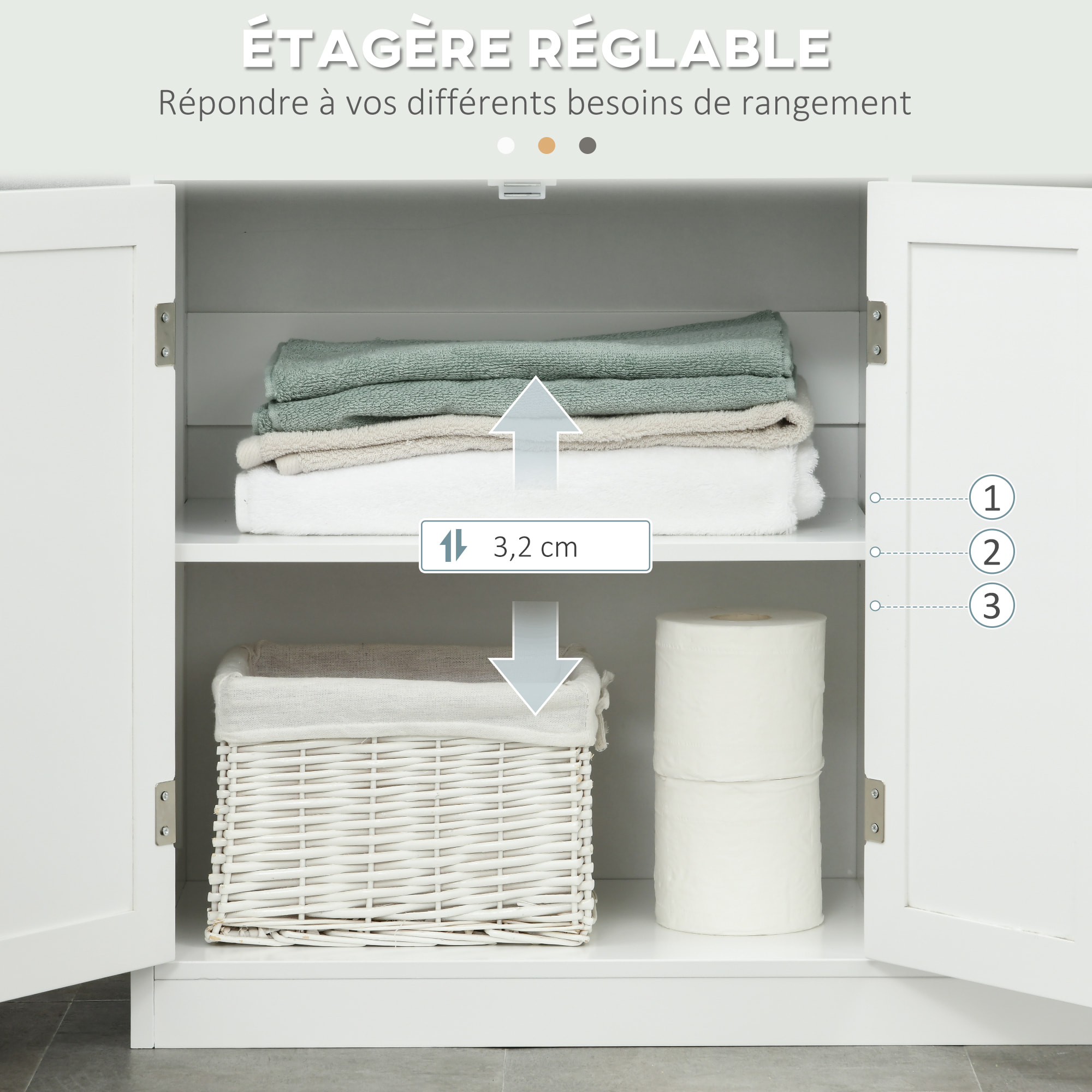 Meuble salle de bain - meuble bas 2 portes étagère tiroir 3 niches - 80x34x81cm - blanc noir