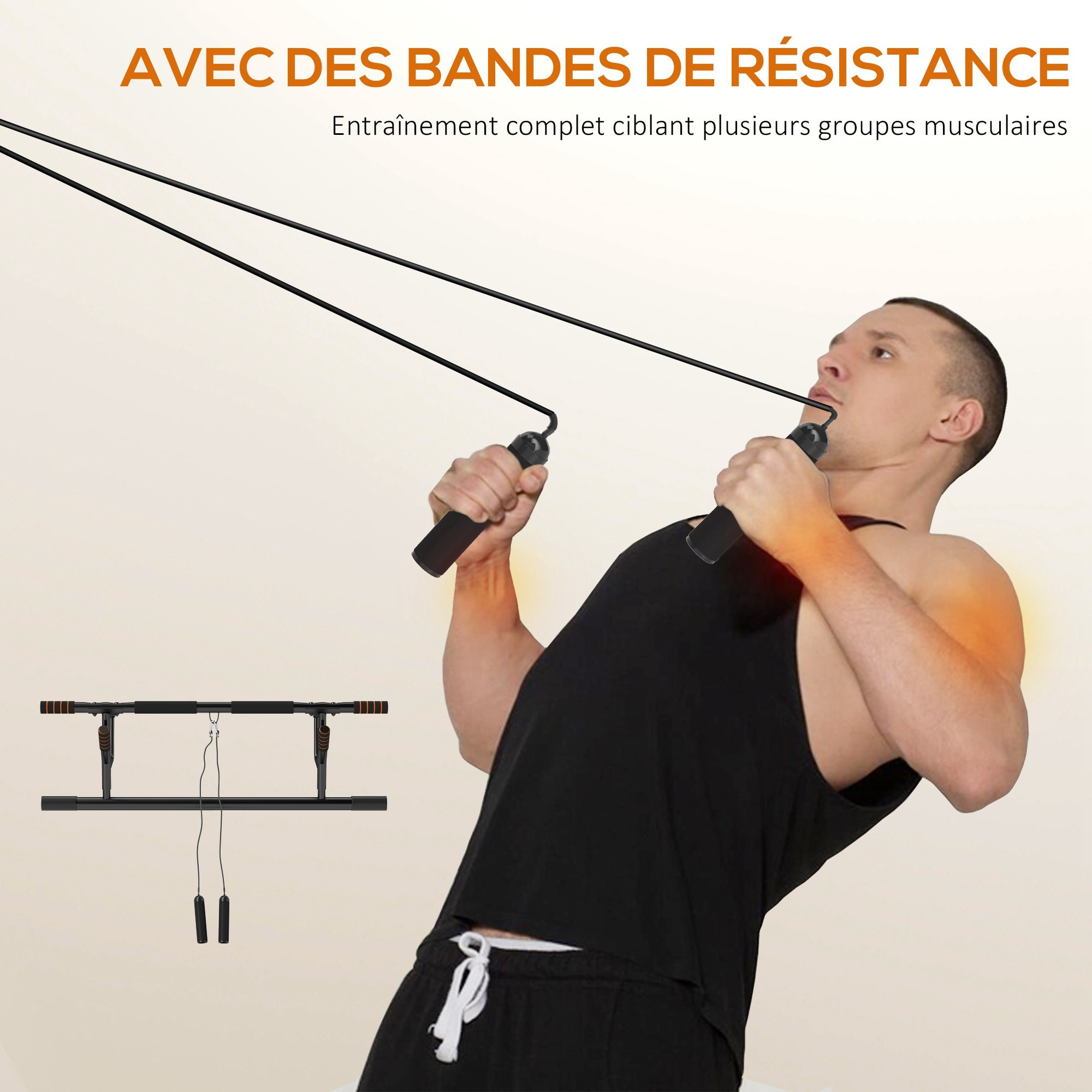 Barre de traction porte 2 bandes de résistance incluses max. 150 Kg acier orange noir