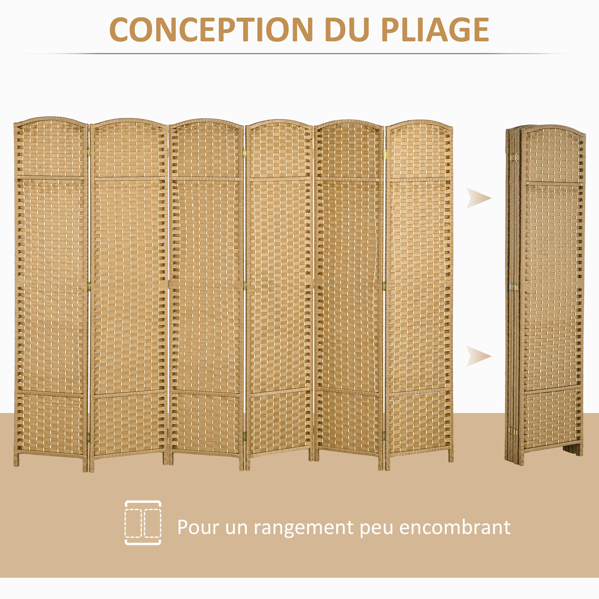Paravent intérieur pliable 6 panneaux 240 x 170 cm - séparateur de pièce finition tressée - PP  bois pin naturel