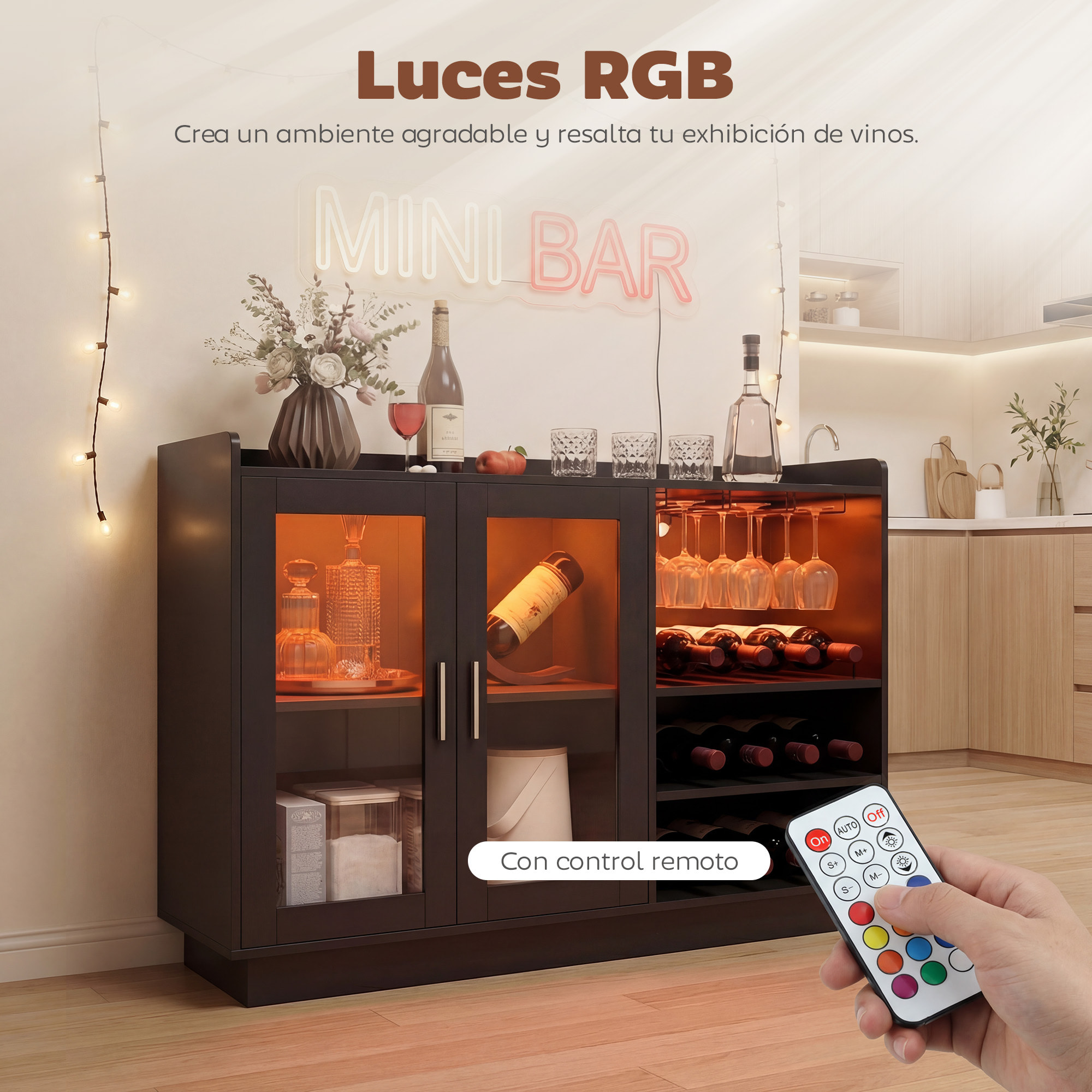 Mueble de Bar, Armario Buffet para Vinos con Luces LED RGB y Botellero para 12 Botellas, Aparador de Cocina con Estante Ajustable y Puertas de Cierre Suave, para Comedor, Salón, Negro