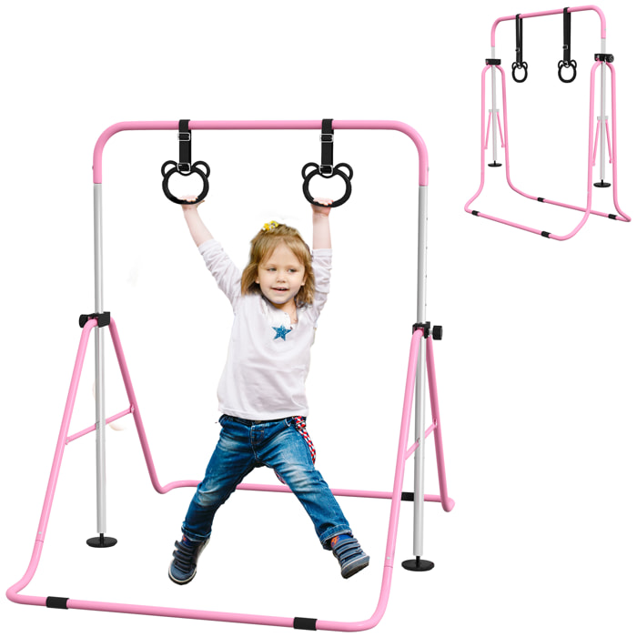 Barra de Gimnasia para Niños con Altura Ajustable en 5 Niveles y Anillos, Barra de Entrenamiento de Gimnasia Plegable en Casa, Rosa