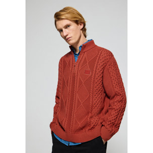 Maglione intrecciato Nil rosso aranciato con cerniera e particolari Polo Club