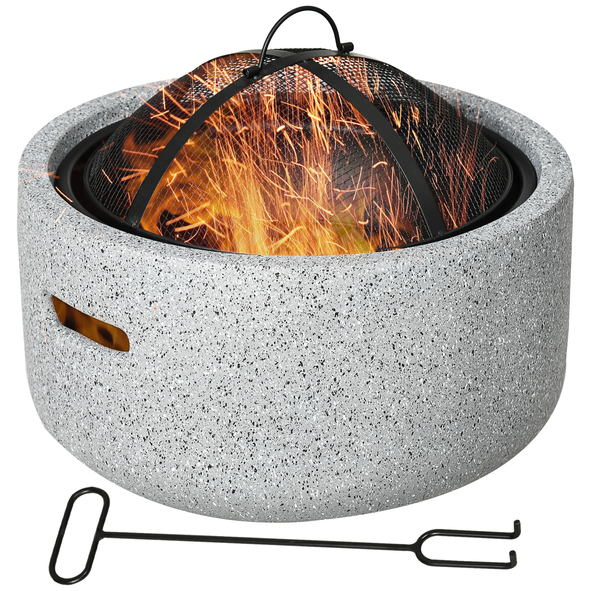 Brasero Exterior Redondo Brasero Exterior Jardín con Atizador Protector de Chispas Rejilla y Manija Ø45x34 cm para Terraza Camping Fiesta Gris