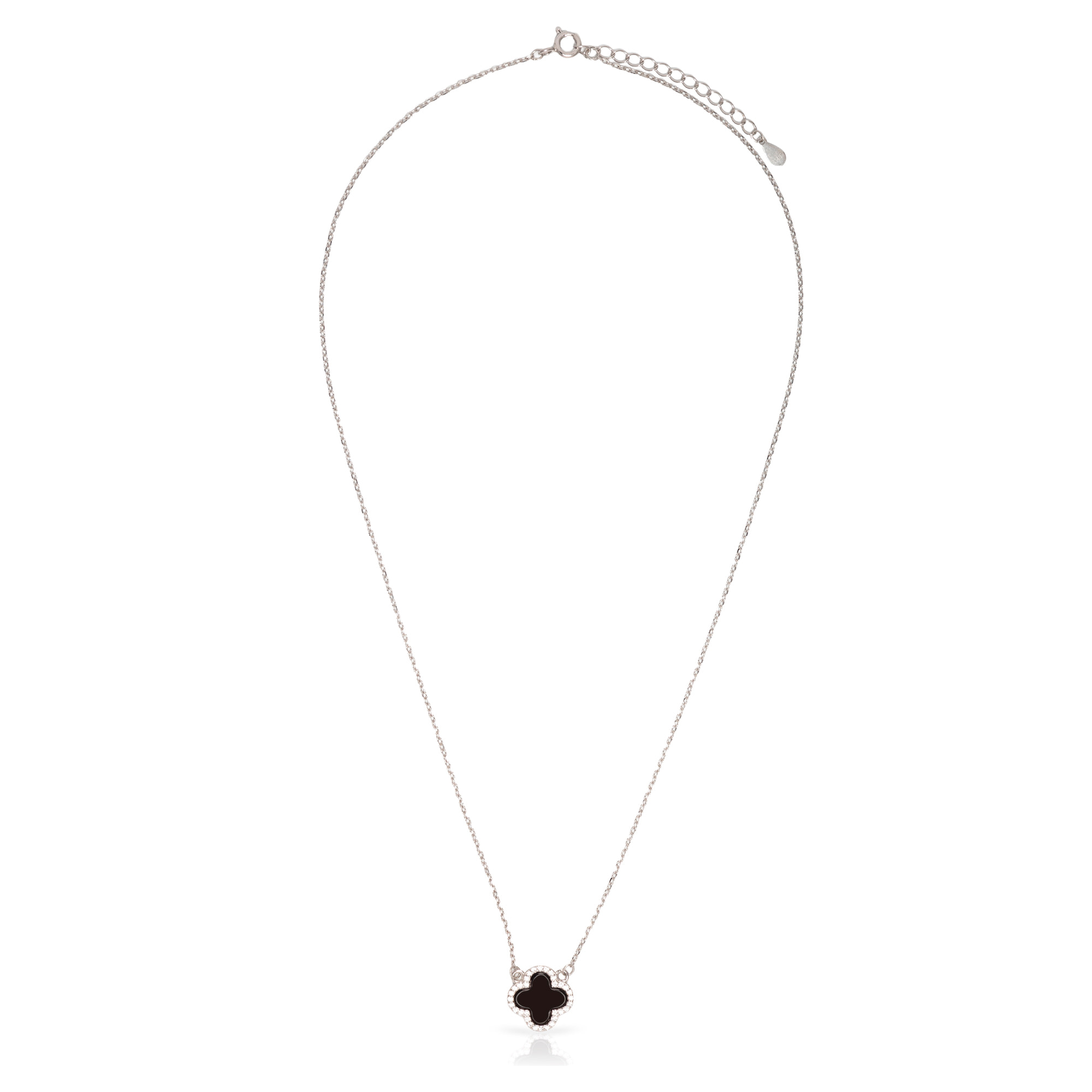Collar de plata de ley 925 con colgante de trébol negro de 4 hojas en ágata y circón con cierre de resorte.