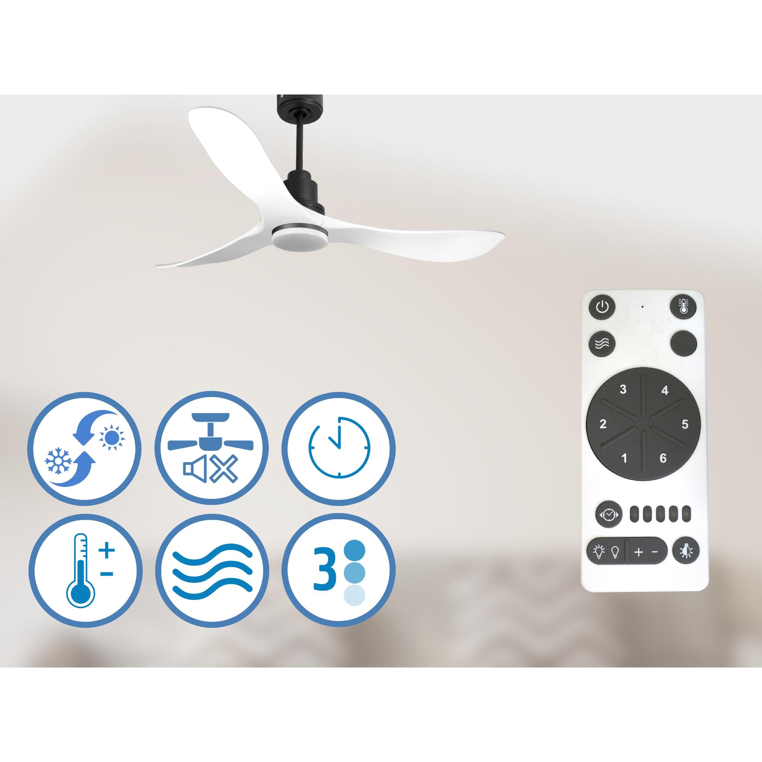 Ventilador de techo Reversible Termostato Dimable Wifi Motor DC Techos Inclinados Mando a Distancia Luz tres tonos Hypersilence Memoria TongaD132C04LED64621 PURLINE