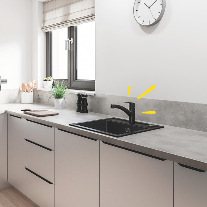62x44 cm évier avec égouttoir réversible en Granite, à encastrer, noir + mitigeur lavabo/cuisine Grohe Start (SATSE2BG431)