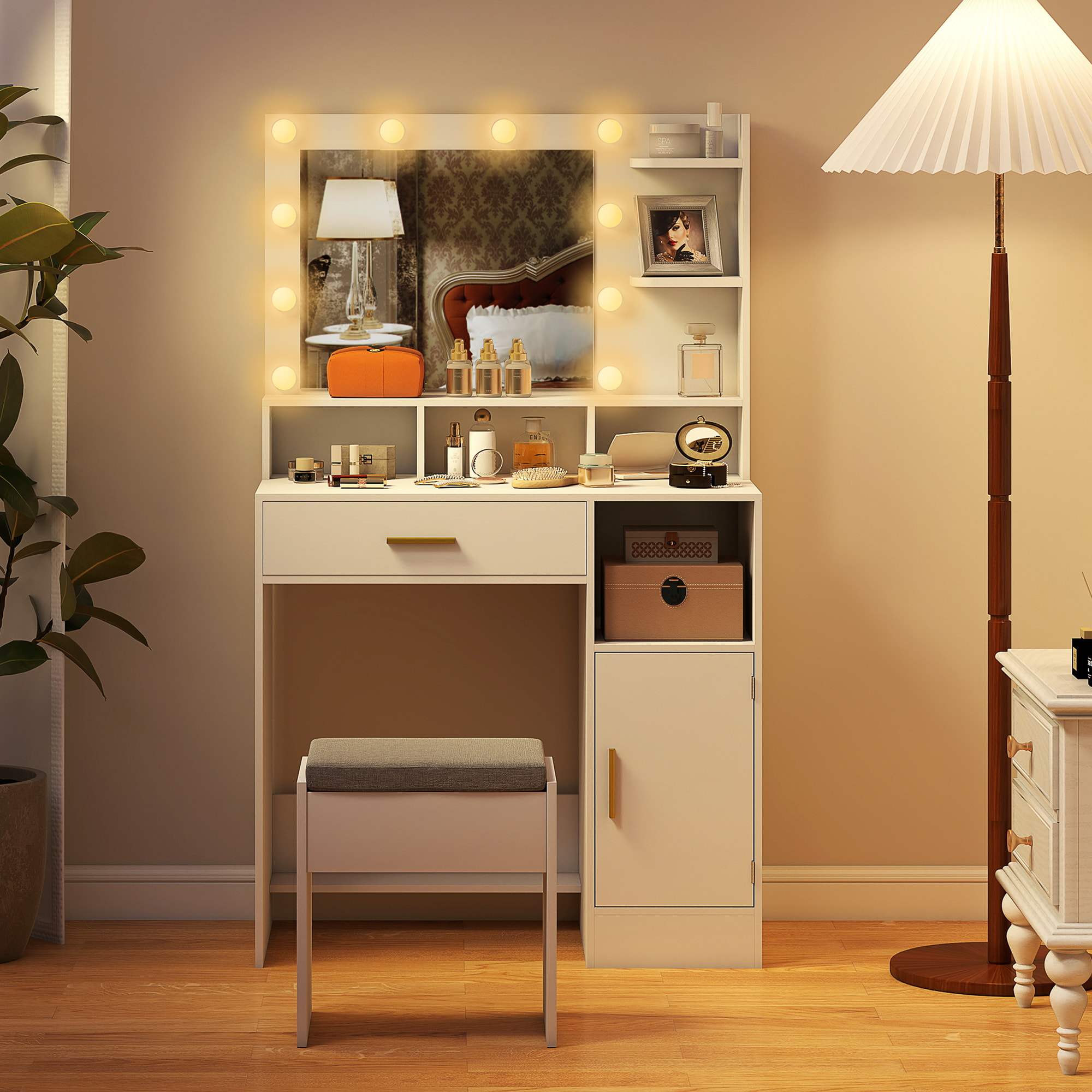 Tocador de Maquillaje con Luces LED y Taburete Tocador con Espejo 2 Colores 10 Bombillas Cajón Estantes Compartimentos Abiertos para Dormitorio Vestidor Blanco