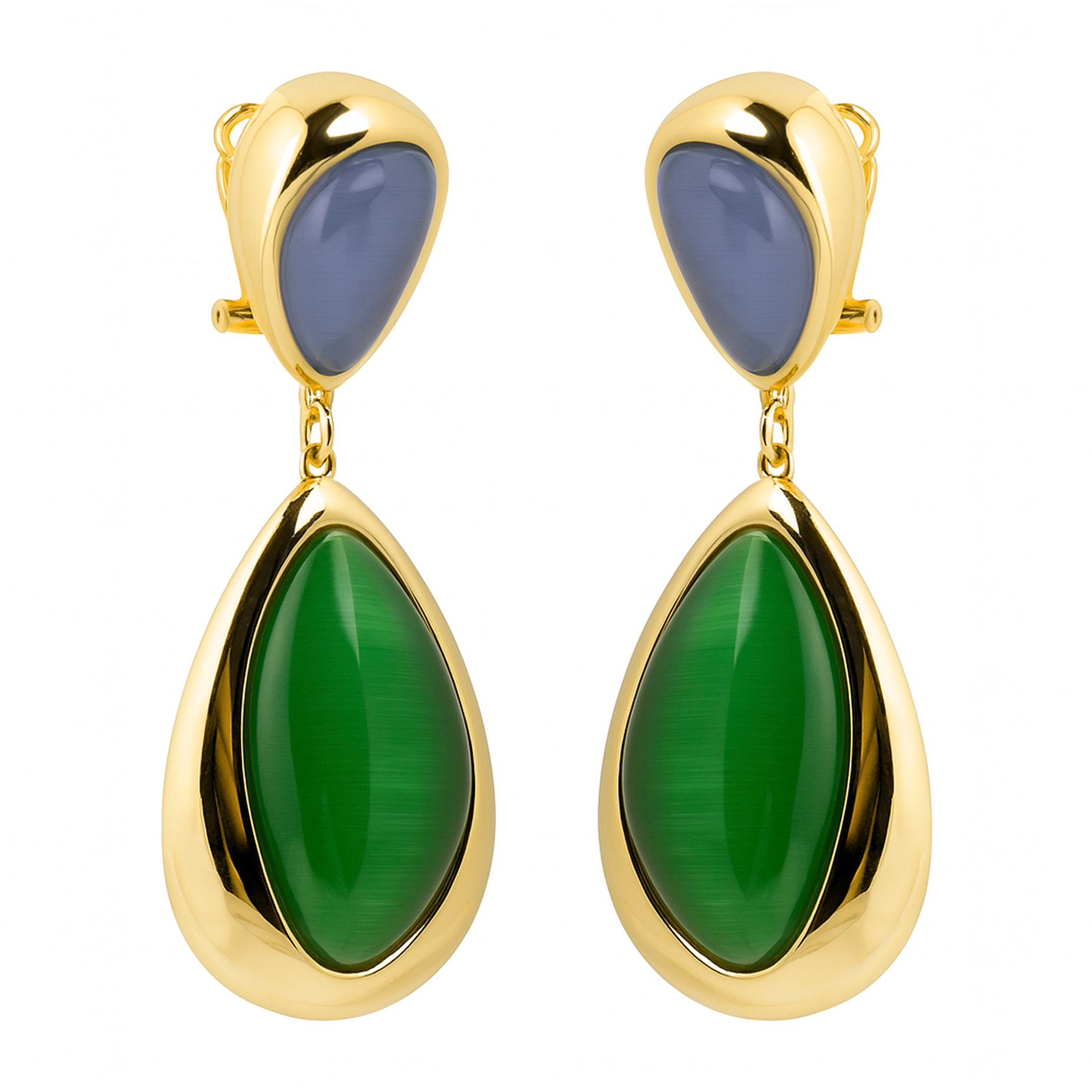 Pendientes de Ojo de Gato Verde acabado en oro amarillo 18k