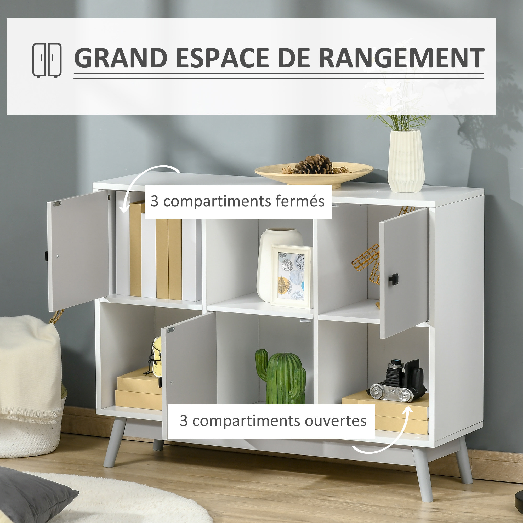 Bibliothèque meuble de rangement design scandinave 3 niches 3 portes panneaux particules blanc gris